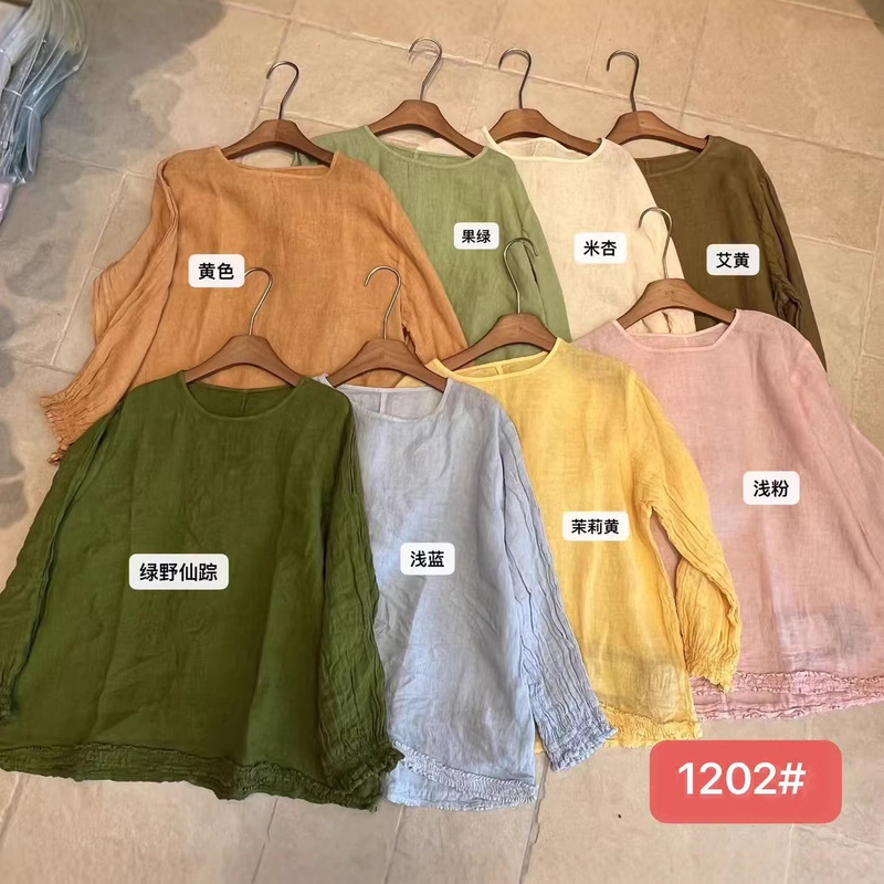 Round Neck Versatile Imported Linen Craft Lace Pullover Blouse 2026 Spring New Women's Linen Shirt