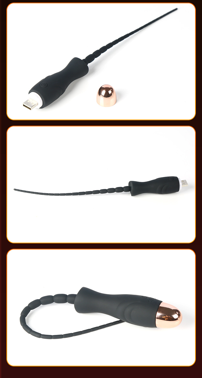 USB Rechargeable Vibrating Urethral Sound Stick, Silicone Male Dilator Beads, Button Control, Black — detail image 26