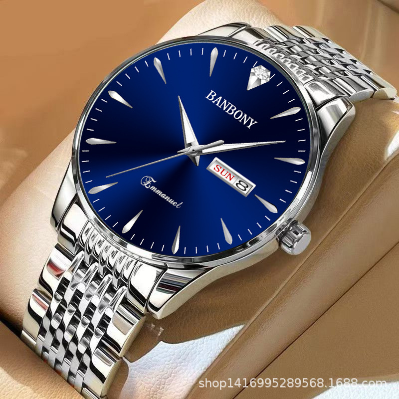 Watch Men's Double Calendar Diamond Luminous Waterproof Simple Thin in stock Daifa Spelling Duoduo Shake Voice Live Video