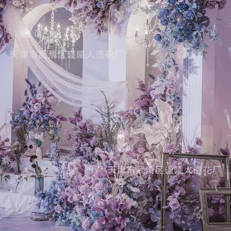 厂家批发紫色系婚礼仿真花艺婚庆装饰路排花材绢花假花塑料人造花