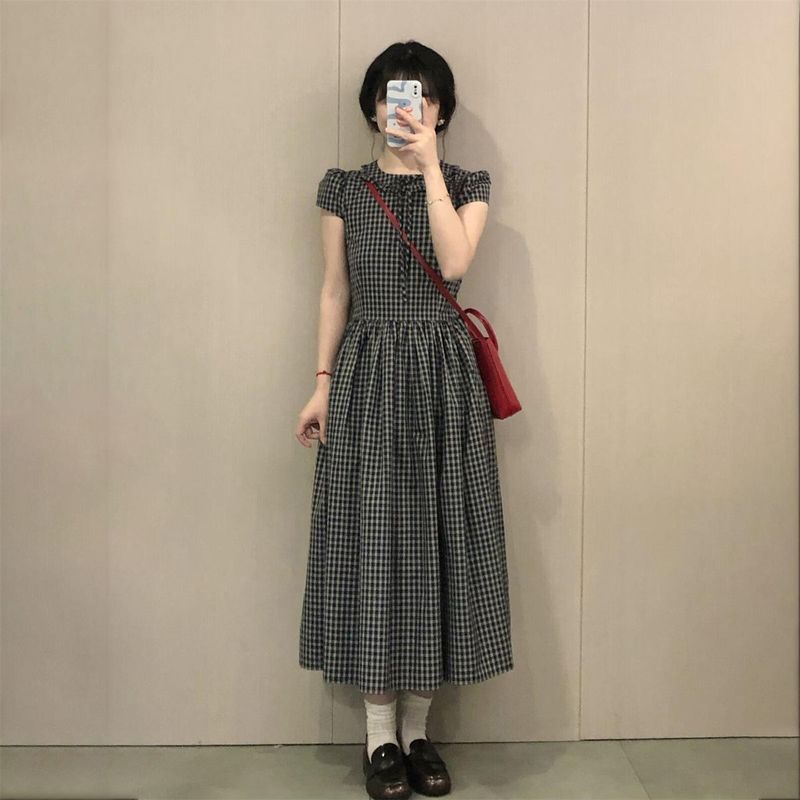 法式复古学风格纹花边泡泡袖连衣裙女夏季新款高腰减龄A字长裙|undefined