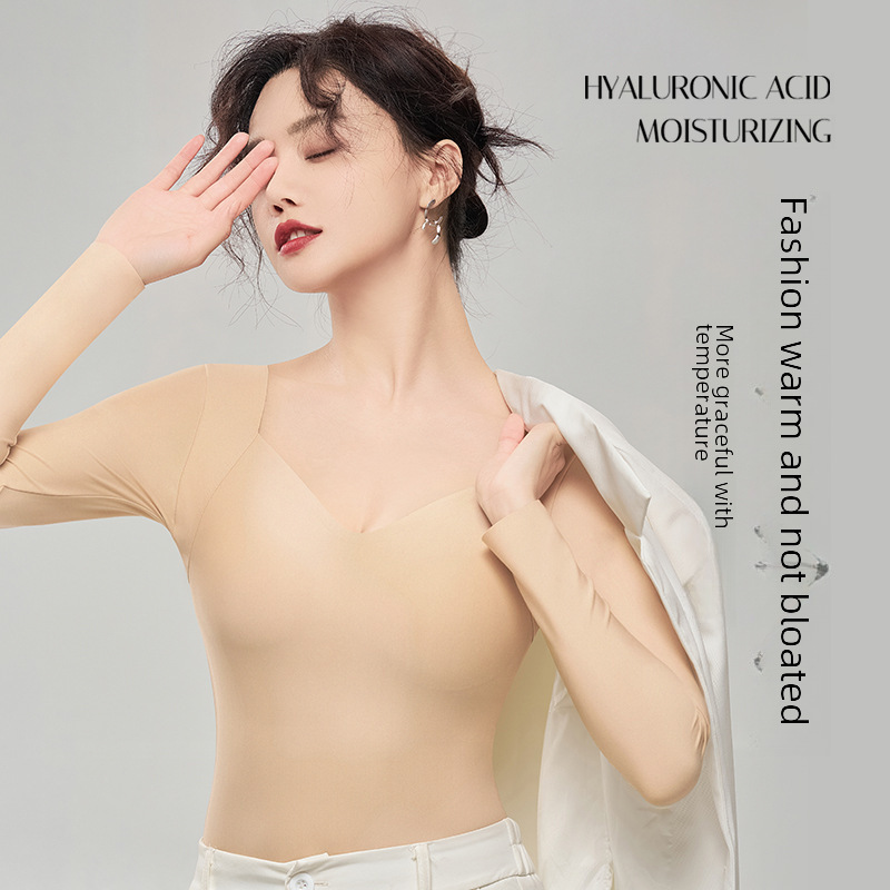 (2개) 가을과 겨울 새로운 여성 피부-미용 의류 가슴 패드 여성용 트레이너리스 V-넥 슬리밍 편안한 베이스 투인원 따뜻한 긴팔 탑