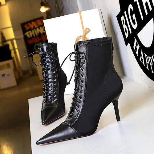1838-1 Korean Version Fashion Sexy Slimming Women's Boots with Fine Heel, High Heel, Open Toe, Pointed Toe, Lace-up, Cross Strap, Short Boots