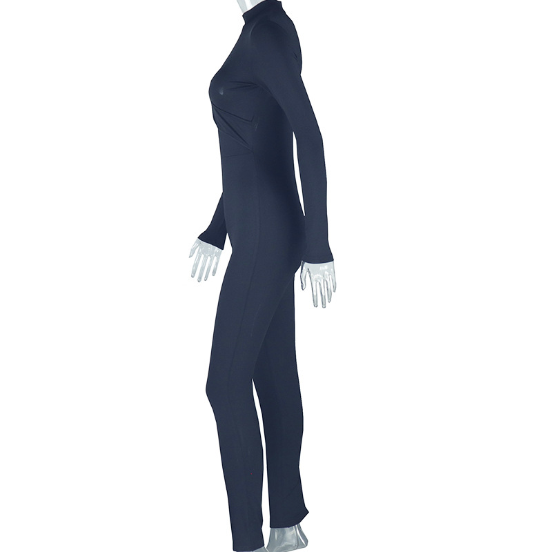 Elegant Women Wear Tight Fitting Solid Color Micro Elastic Jumpsuit Long Sleeved Trousers Hollow Out Cutout Mid Waist Thin Jumpsuit