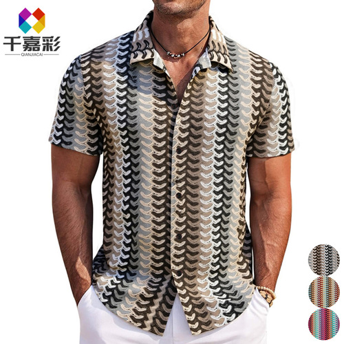 Cross-border men's clothing, European and American style men's knitted shirts, summer new colorful hollow-out breathable short-sleeved shirt A0404