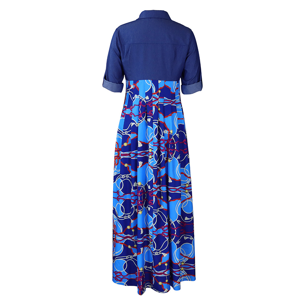 Abito da sera lungo da donna con stampa e dettagli in denim_voghion.com