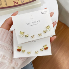 秋冬新款S925银针猫眼石小熊耳钉女套装 蝴蝶结学生简约可爱耳饰