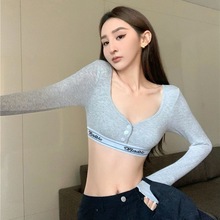 2025 官图 坑条刷毛90涤10氨 灰色v领性感长袖T恤女秋季2022新款