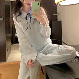 可爱少女甜美娃娃领可爱波点长袖长裤家居服秋季新款清新睡衣套装