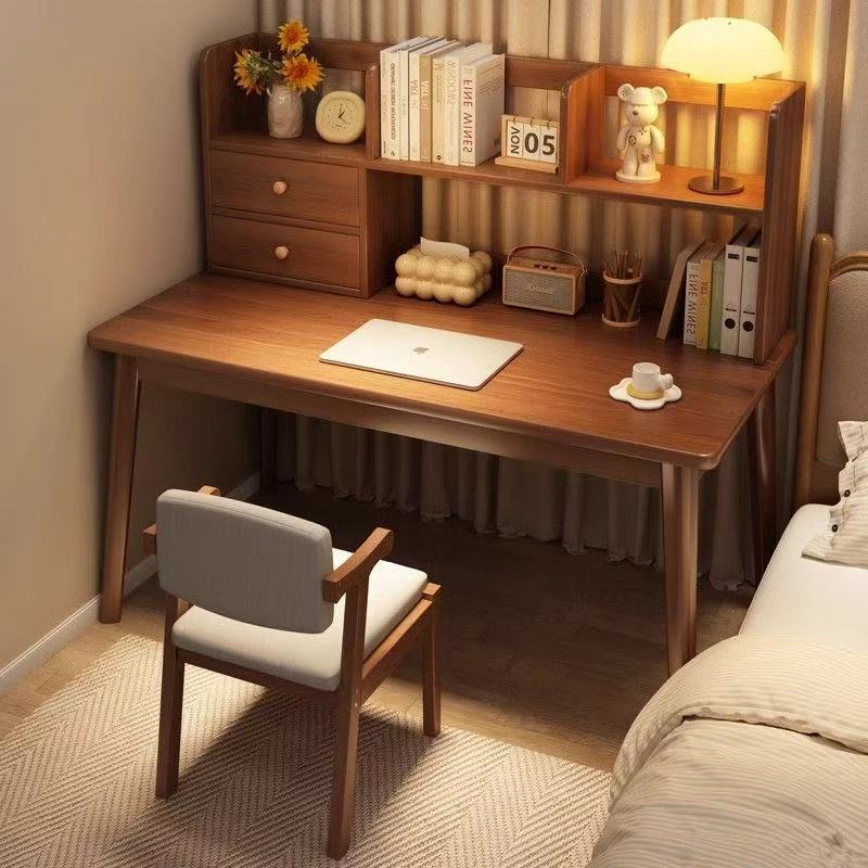 Simple solid wood desk and bookshelf combination for small apartments, bedroom study desk, home office desktop all-in-one computer table