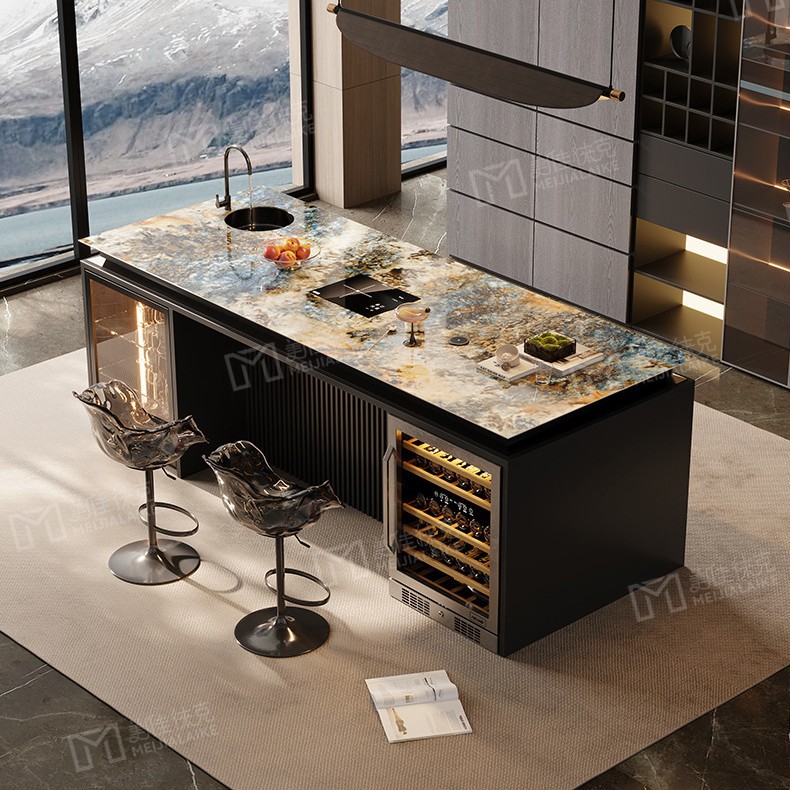 Barra de lujo ligera de estilo italiano, sentido de alta gama, mesa de comedor, cocina abierta para el hogar, mesa de isla de roca de alta gama