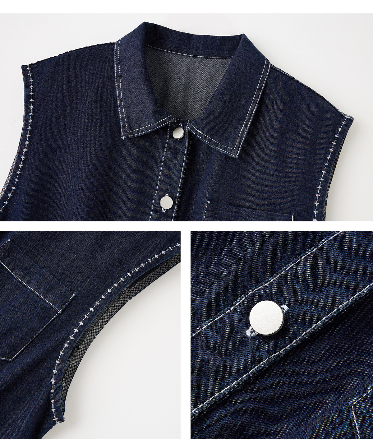 Bộ ba món thời trang nữ hè 2026: áo thun + áo khoác vest denim + chân váy midi — màu xanh nhạt, màu xanh đậm chi tiết 24