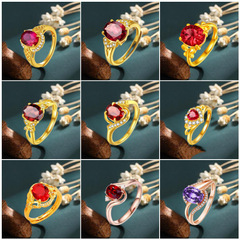 宮廷風氣質女鍍24k金鑲合成紅寶石水晶戒指百搭氣質女活口設計