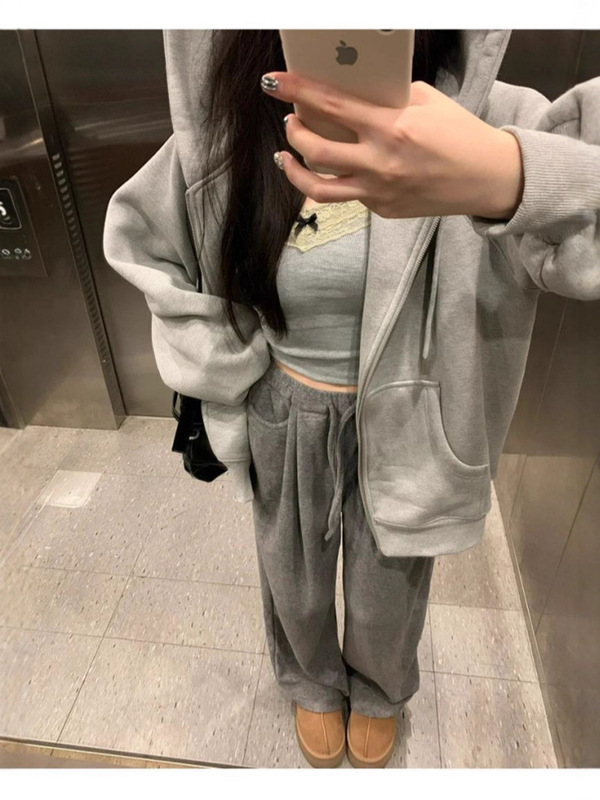 灰色连帽开衫卫衣女拉链休闲宽松oversize慵懒风外套秋冬季|undefined