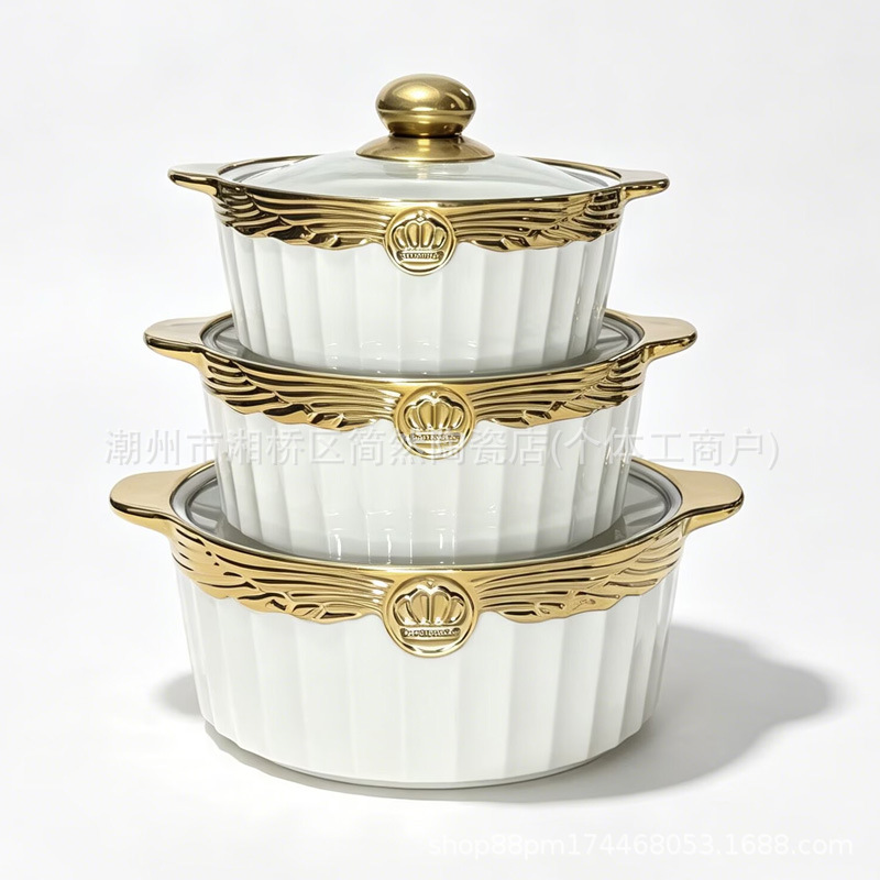 Ceramic soup pot manufacturer wholesale exports double-handled large soup bowls with lids, home ceramic double-handled soup bowls