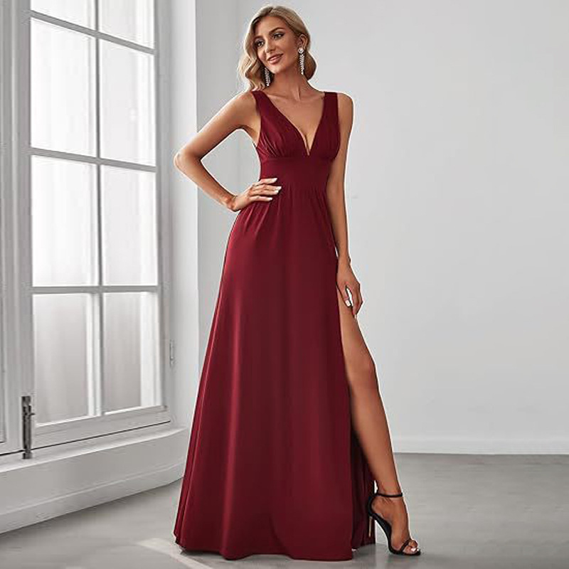 European and American Aliexpress Evening Dress 2026 Sexy Women's Deep V-Neck Sleeveless Side Slit Floor-Length Evening Dress Simple Style