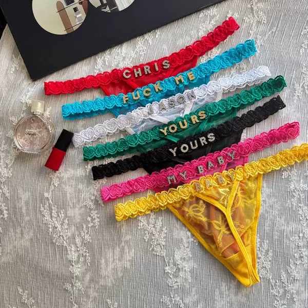Cross-Border DIY Metal Rhinestone Letter Thong Women's Sexy Lace Panties with Pure Cotton Crotch