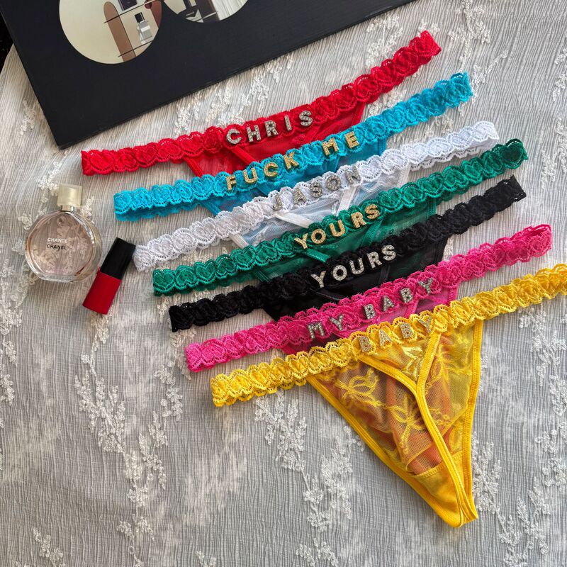 Cross-Border DIY Metal Rhinestone Letter Thong Women's Sexy Lace Panties with Pure Cotton Crotch