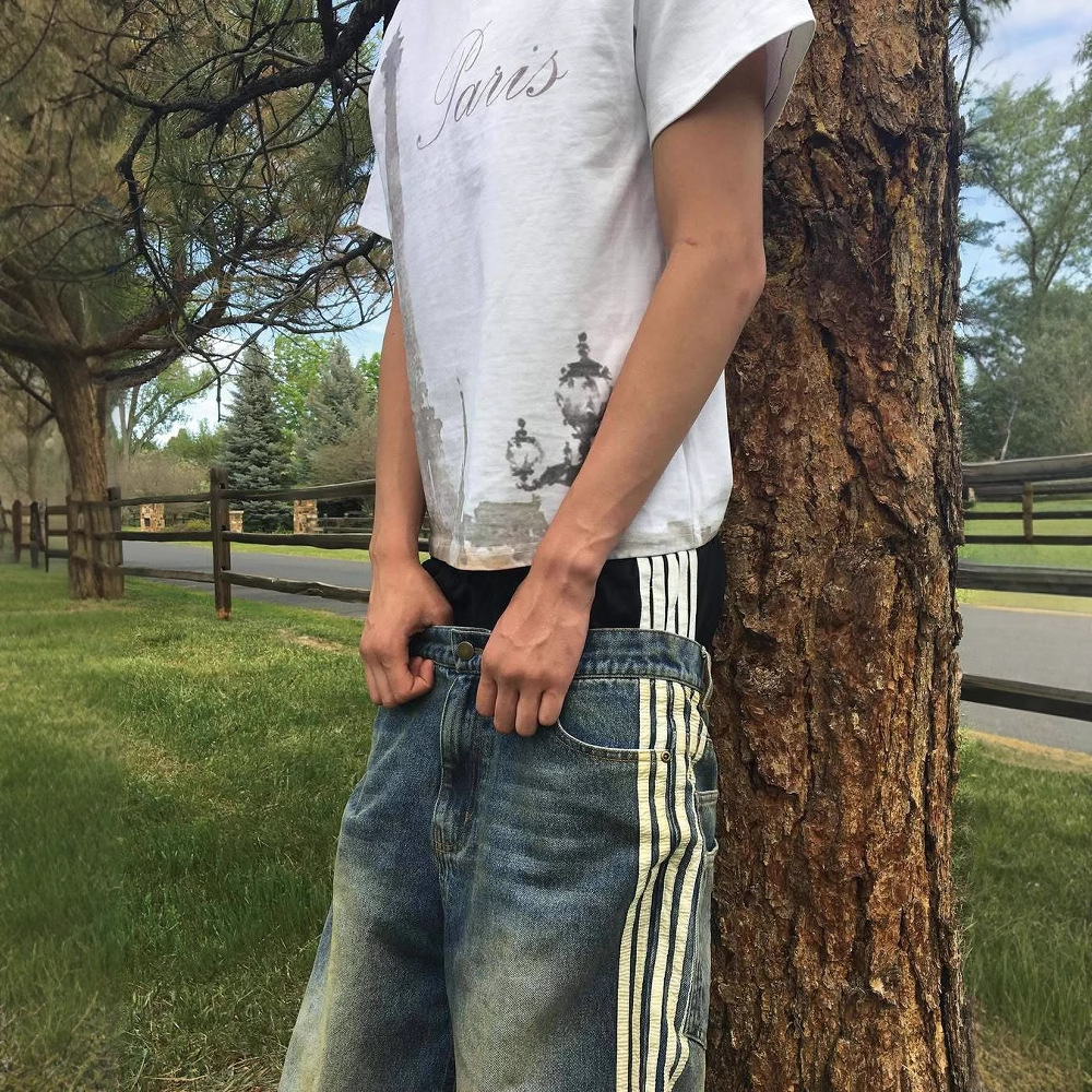 Vaqueros a rayas lavados europeos y americanos, pantalones de trapeador de pierna ancha de hip-hop holgados casuales de cintura alta para hombres