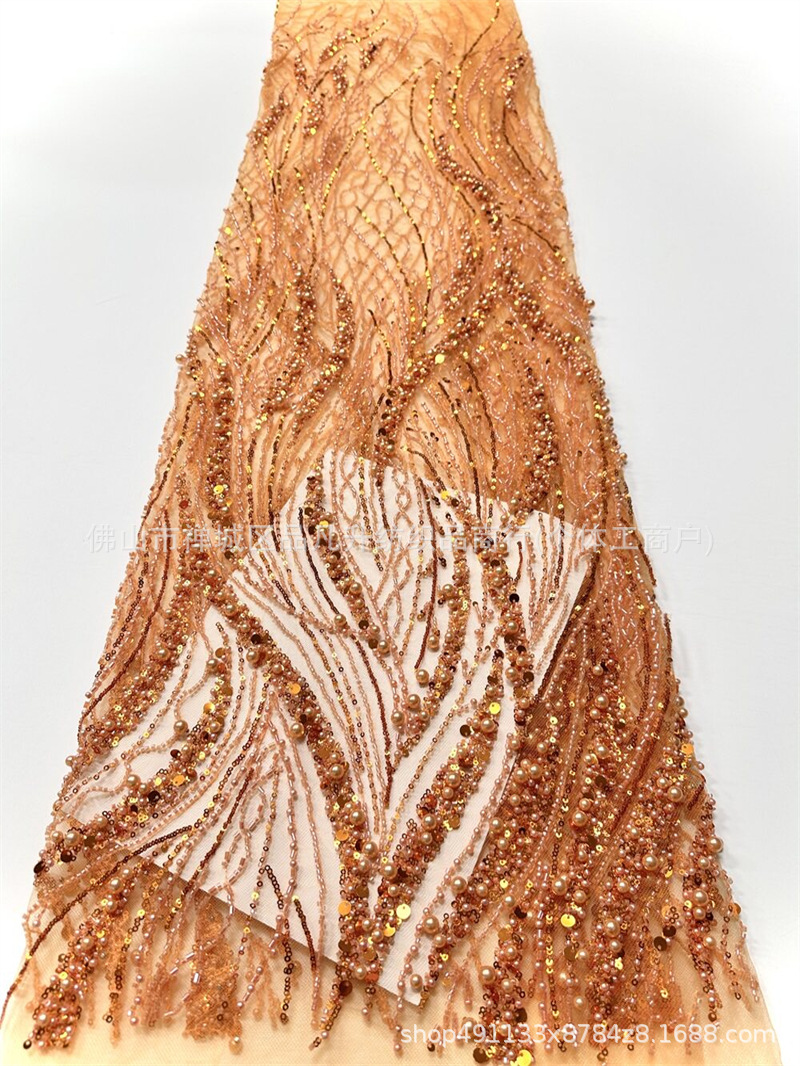 Caña, hierba de agua, tela de malla de perlas, cuentas hechas a mano, ropa de brindis, tela de vestido de noche