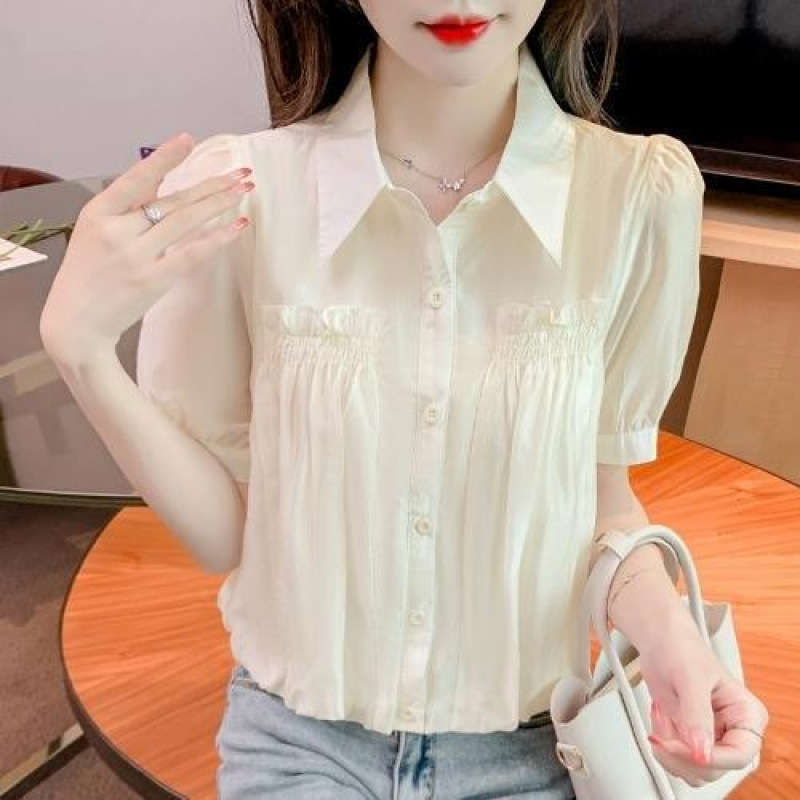 Shengbangrong 半袖シフォンシャツ女性用 2025 新しい夏痩身お腹カバー西洋スタイル年齢軽減デザイン S|undefined