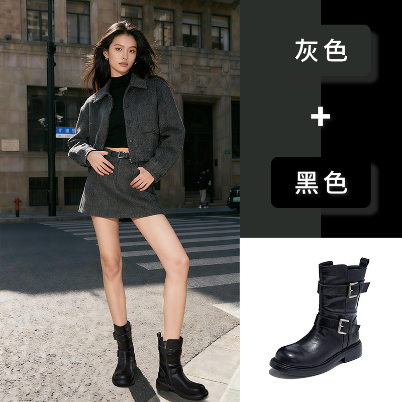 真皮复古马丁靴女2025冬季新款英伦风一字扣带瘦瘦靴百搭洋气短靴|undefined