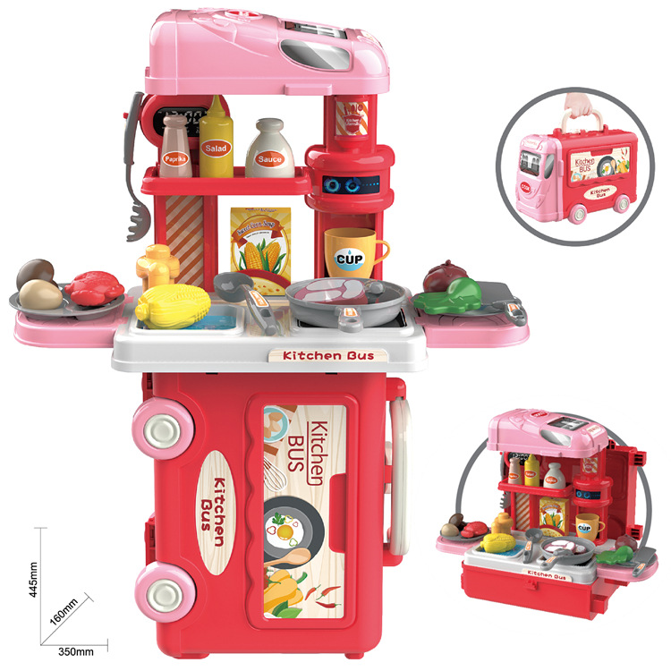 Simulación de niños transfronterizos 3-en-1 autobús cocina vajilla herramientas de maquillaje juego de juego casa maleta doctor juguete