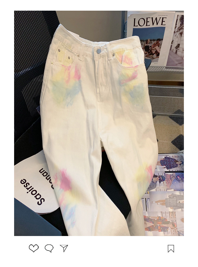 新款美式扎染涂鸦高腰牛仔裤女设计感小众时尚宽松直筒阔腿长裤子-阿里巴巴