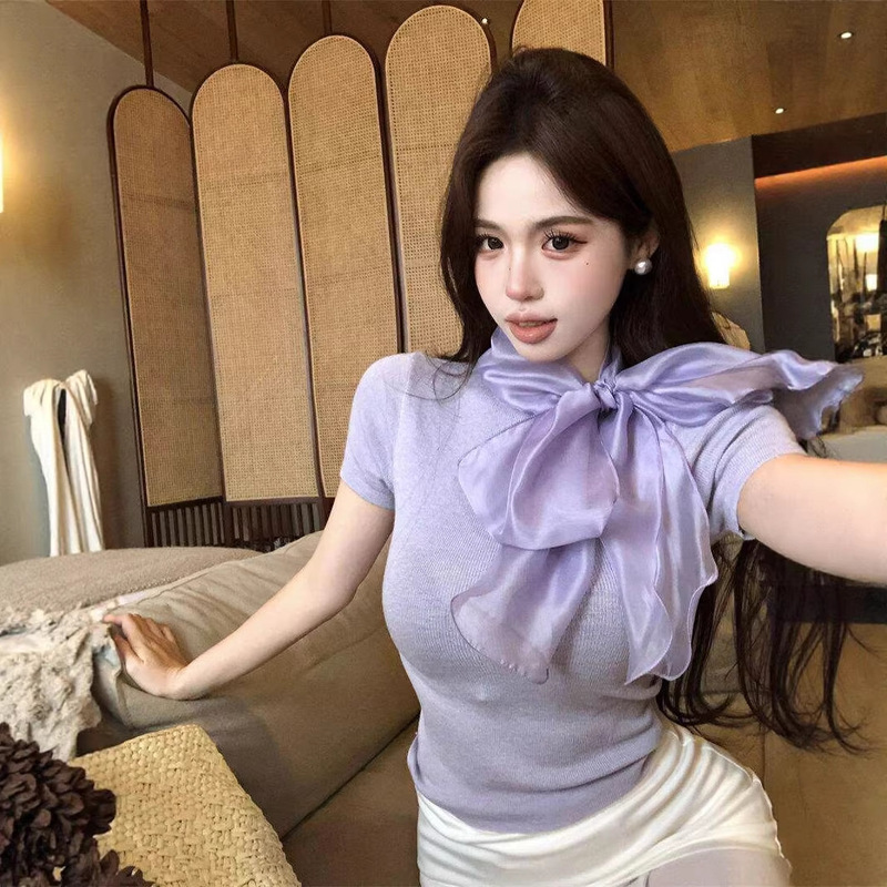 French Retro Bow-Knot Halter Neck Silk Scarf Tie-Neck Knit Top for Women, Summer Gentle Vacation Style Casual Versatile Top