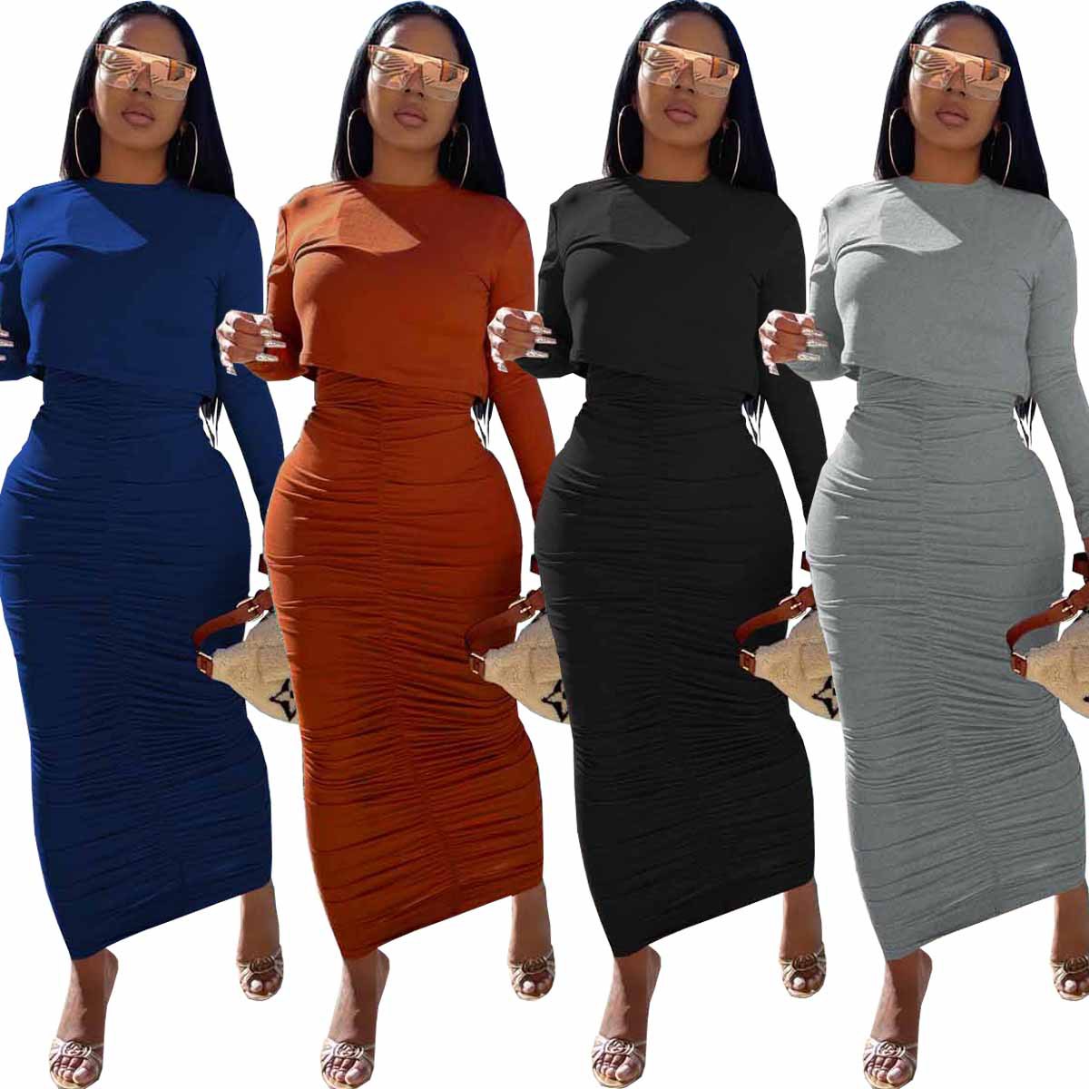 Solid Color Long-Sleeved Round Neck Pullover Skirt Set NSSJW74291