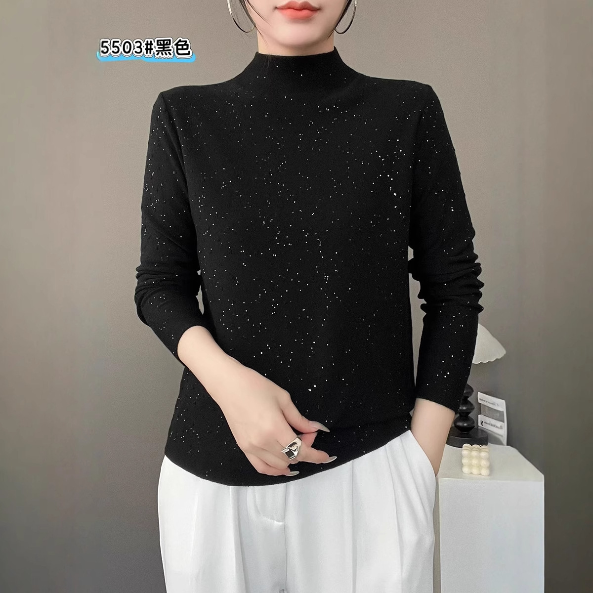 秋冬新款挑花星空珠片纱毛衣 女装半高领闪片针织衫 厂家直供批发