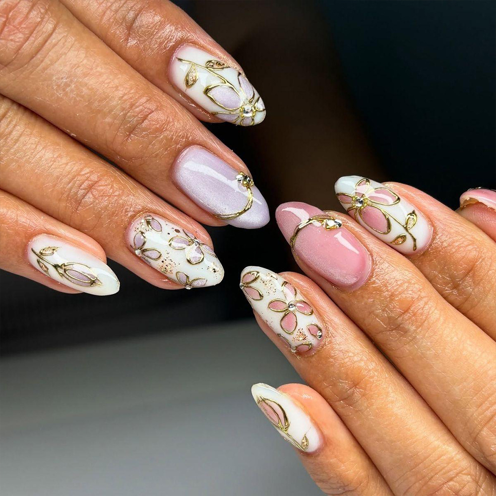 Comercio exterior estereoscópico LIP oro ojo de gato punto de perforación de uñas elegante polvo desnudo para usar uñas cortas 24 piezas de parche de uñas falsas
