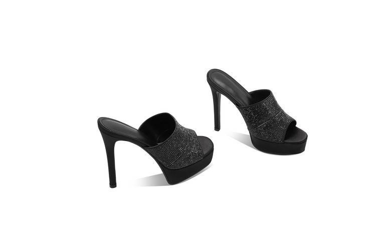 Sandal cao gót nữ quai một dây đính đá, gót nhọn 9 cm, đế platform — đen chi tiết 5