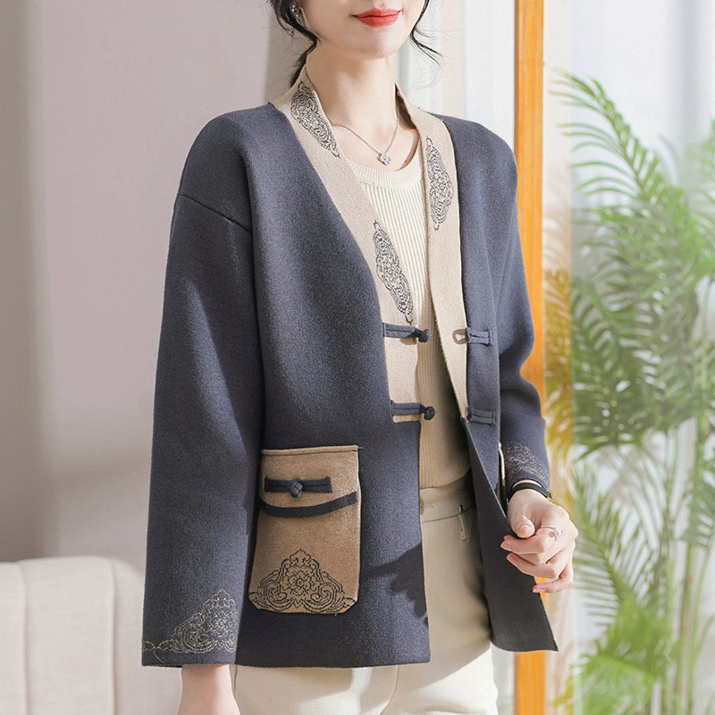 Мама весенний вязаный кардиган свитер пальто 2024 новая весенне-осенняя куртка среднего и пожилого возраста модная верхняя одежда в национальном стиле