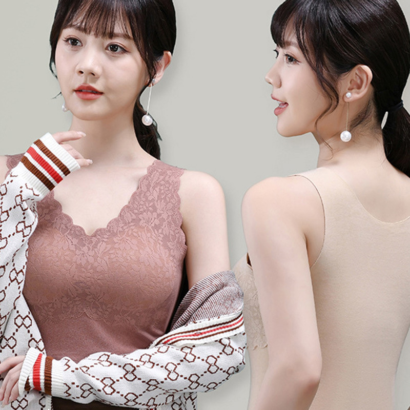 (2개) DERONG 고정 컵 가슴 패드 열 속옷 가을, 겨울 바닥 원활한 레이스 슬림 열 조끼 플러스 사이즈