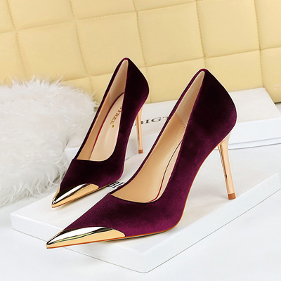 9318-1 European and American Style Banquet Fashion Light Luxury High Heel Shoes Thin Heel High Heel Metal Pointed Suede 