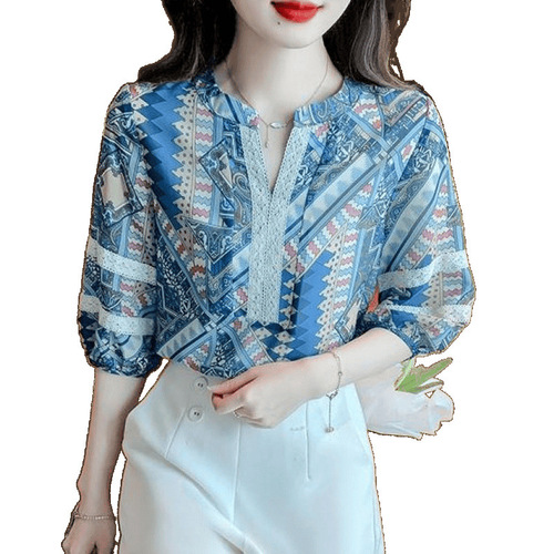 Five-Sleeve Ethnic Style Chiffon Top for Women - Summer New Arrival Loose Print Small Collar Medium-Sleeve Stylish Lightweight Shirt