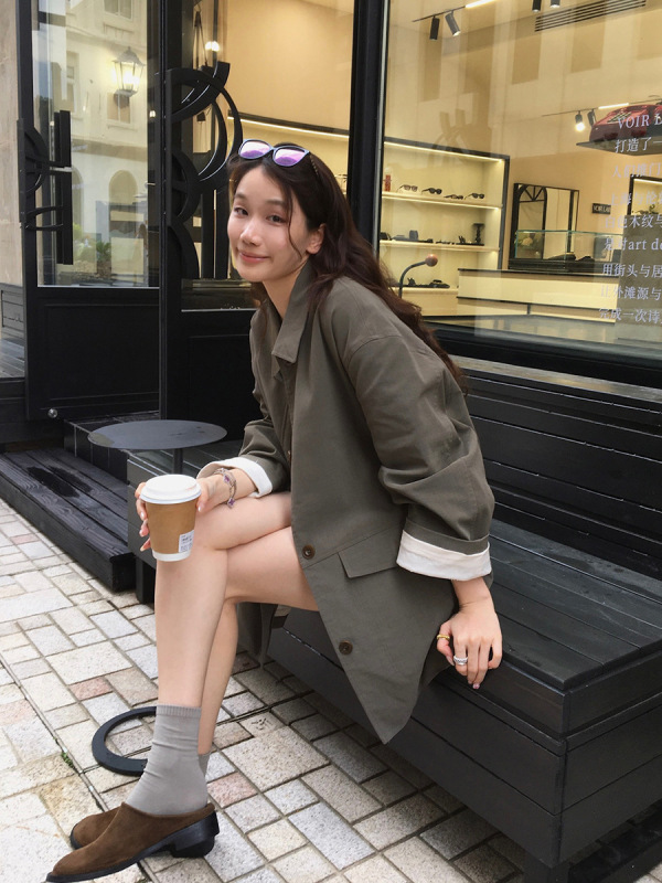 元派bluepops2025秋新款工装风翻领皮衣外套宽松中长款风衣A5580|undefined