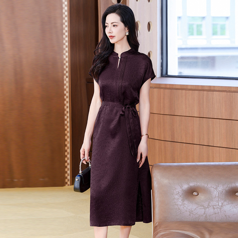 Guanle Crepe Xiangyun Yarn Silk dress Women's Tight Waist dress Women's Summer New French Style Light Luxury Midi Dress