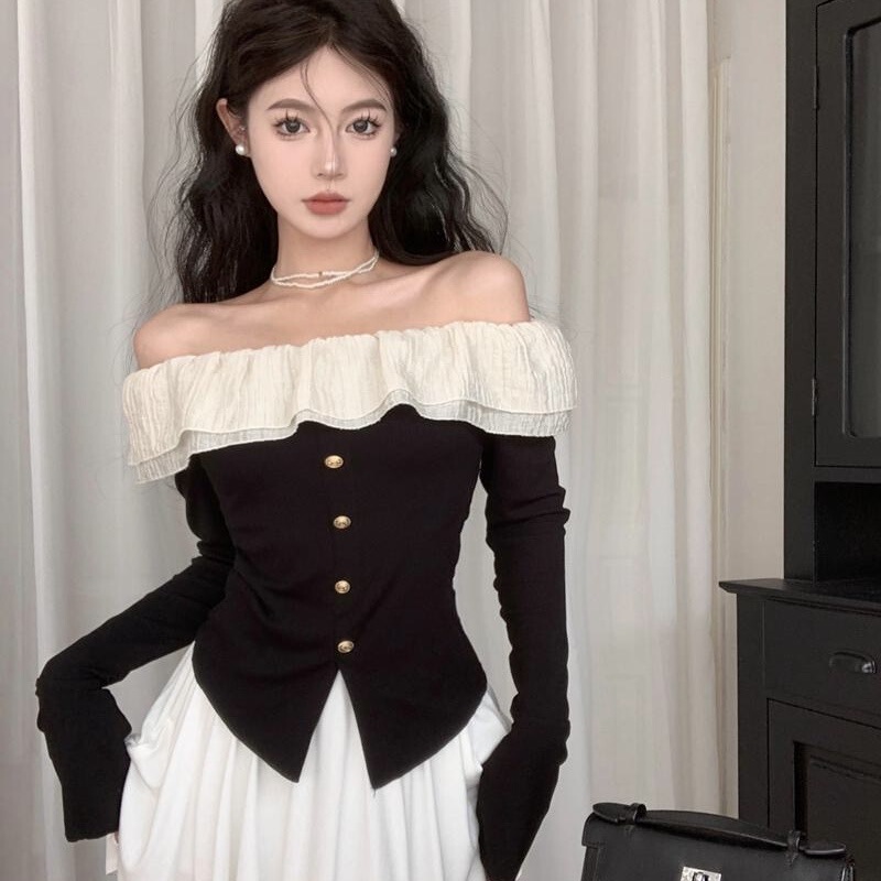 Pure French Shoulder Long-Sleeved Knitted Sweater Women's Spring and Autumn Ruffled Design Sense Slim-Fit Slimming Chic Top