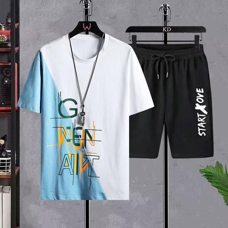 Nuevo traje de degradado de seda de hielo de secado rápido, camiseta de manga corta para hombre, pantalones cortos casuales de verano, traje deportivo de dos piezas al por mayor de fábrica