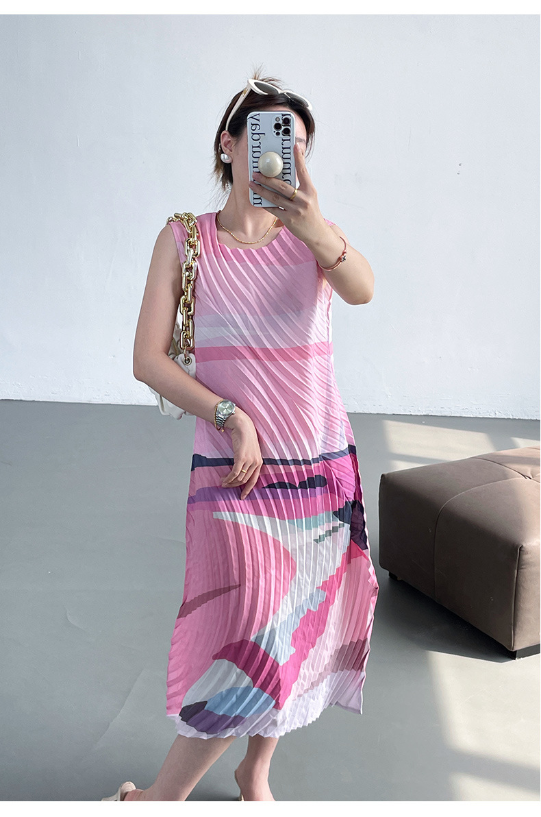 Váy maxi xếp ly in họa tiết hai dây dáng rộng thanh lịch — Màu xanh lam chi tiết 21