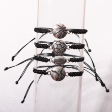 欧美跨境热销新款球类吊坠手链篮球足球手工编织手链黑绳抽拉手链