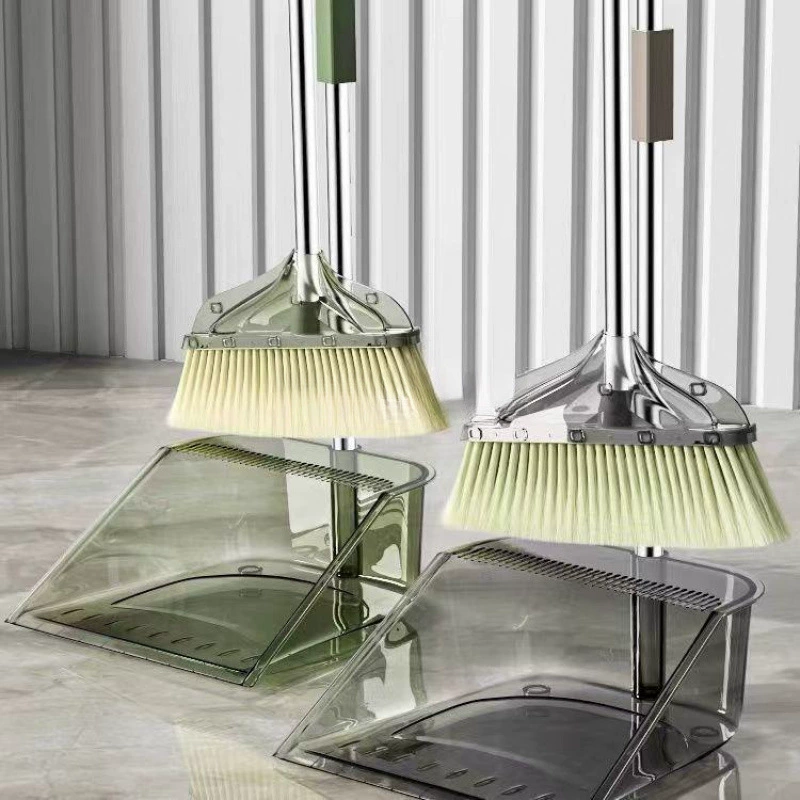 Набор из прозрачной пластиковой метлы и совка с мягкой щетиной и ручкой из нержавеющей стали для домашнего использования, устойчивый, зашифрованный и расширенный.