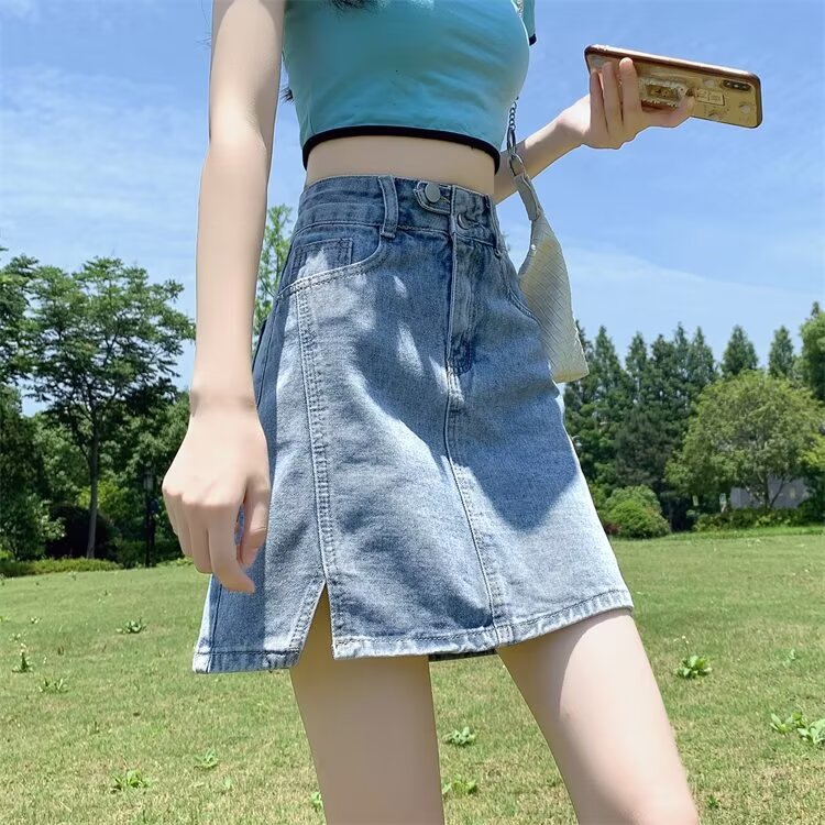 浅色开叉牛仔短裙女薄款夏季2025新款高腰黑色显瘦a字包臀半身裙