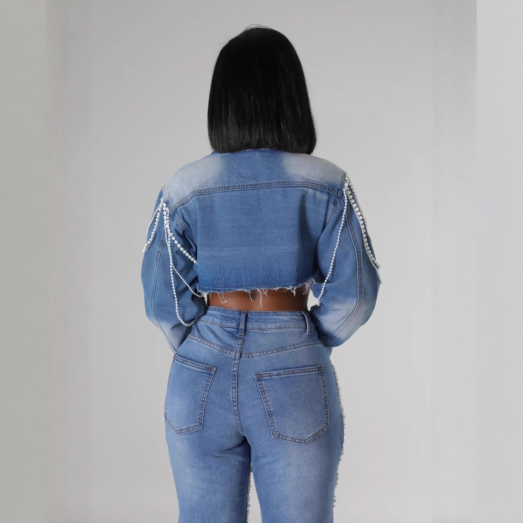 Women's Denim Jacket With Pearl Embellishments – Trendy Oversized Vintage Coat, Handcrafted Beaded Details For Streetwear & Casual (Blue, S-2xl)_voghion.com