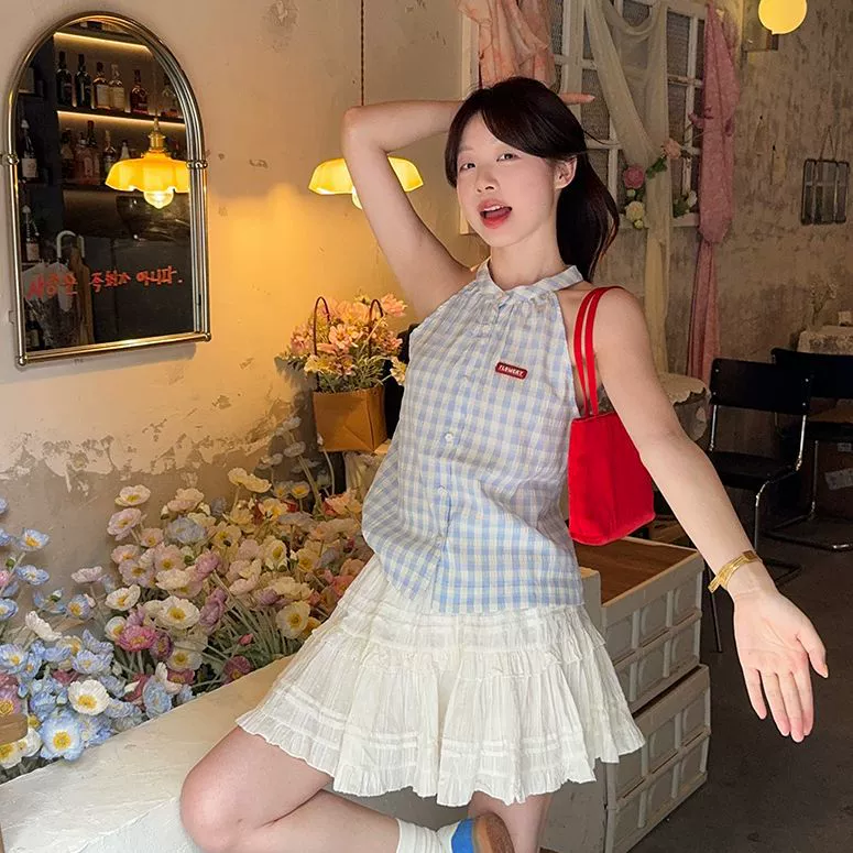 Трансграничная внешняя торговля 2025 гонконгский ветер свежий шейный синий клетчатый жилет женский летний темперамент уникальный топ