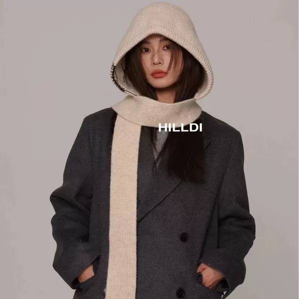 2024 autumn and winter new solid color knitted hat shawl women's dual-use outer padded warm neck scarf