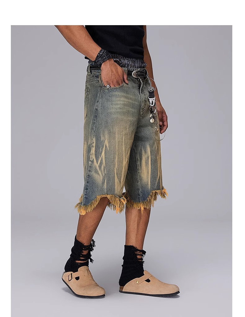 Men's Washed Denim Shorts Trendy Brand Loose Fit Cropped Style Distressed Finish Yellow Mud Dye Summer Casual Clothing_mkmklike.com