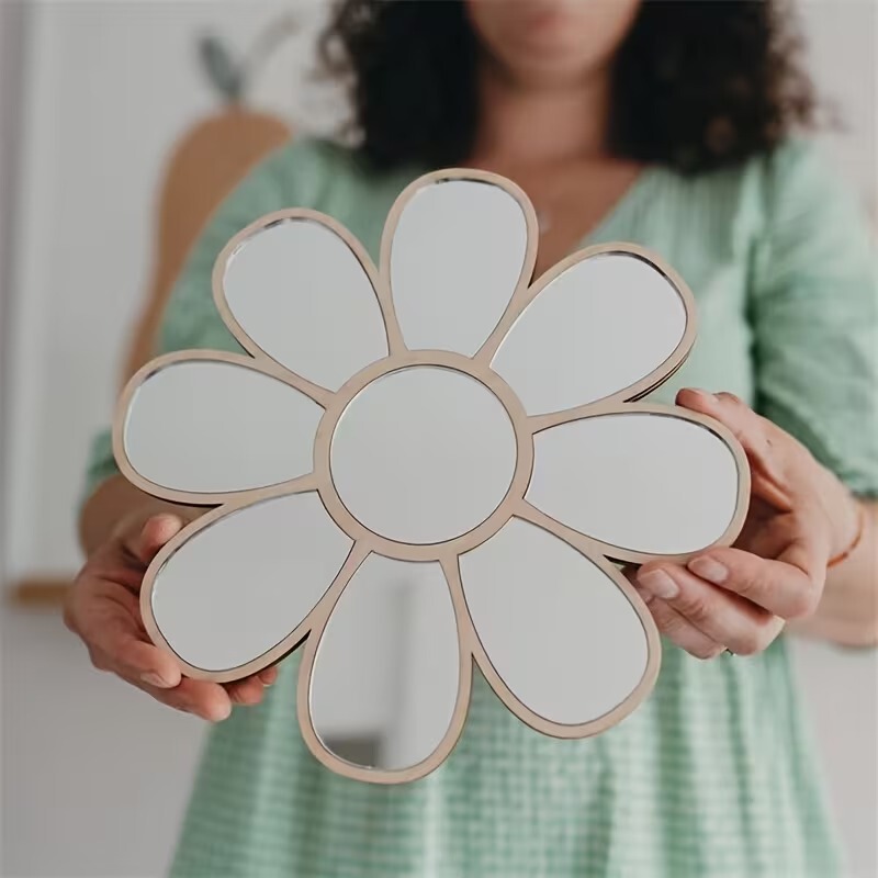 Acrylic Mirror Stickers with Wooden Board, Personalized Flower Petals, Soft Mirror Decorative Ornaments, Cartoon Children's Kindergarten Hanging Decorations